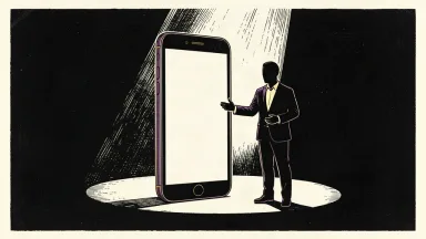 A silhouette of a presenter stands next to a large, glowing smartphone on a dark stage.