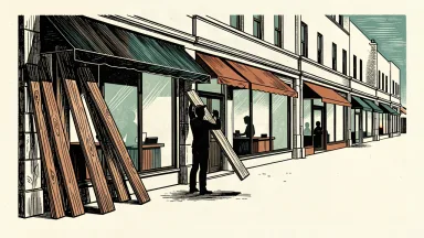 Starbucks closing hundreds of North American locations: a row of storefronts being boarded up with wooden planks.