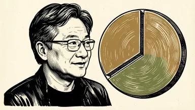 Nvidia CEO Jensen Huang beside a circular disk divided into three segments, with one raised to represent the company's growing classical computing business. Identity photo references adapted into illustration: Photographer: Peter Dasilva (CC BY 4.0; https://creativecommons.org/licenses/by/4.0); source https://commons.wikimedia.org/wiki/File:Jensen_Huang_(cropped)_(2024).jpg