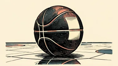 Alibaba partners with the Brooklyn Nets: a basketball with circuit board patterns on its surface sits on a court floor.