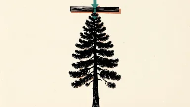 Rayonier price target lowered by Truist Securities: a tall pine tree stands beneath a horizontal bar being pressed downward by a single arrow.