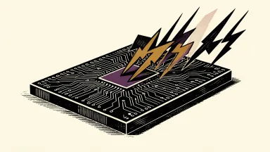 SEALSQ research on ML-KEM security: a semiconductor chip protected by a rising shield wall against jagged side-channel signal lines.