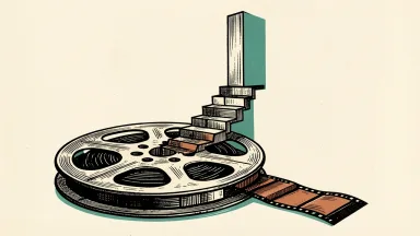 Paramount Skydance executive compensation: a film strip forms an ascending staircase leading toward a tall pillar.