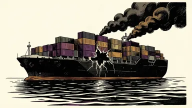 A cargo ship near Odesa with a visible rupture in its hull and rising smoke following a reported strike.