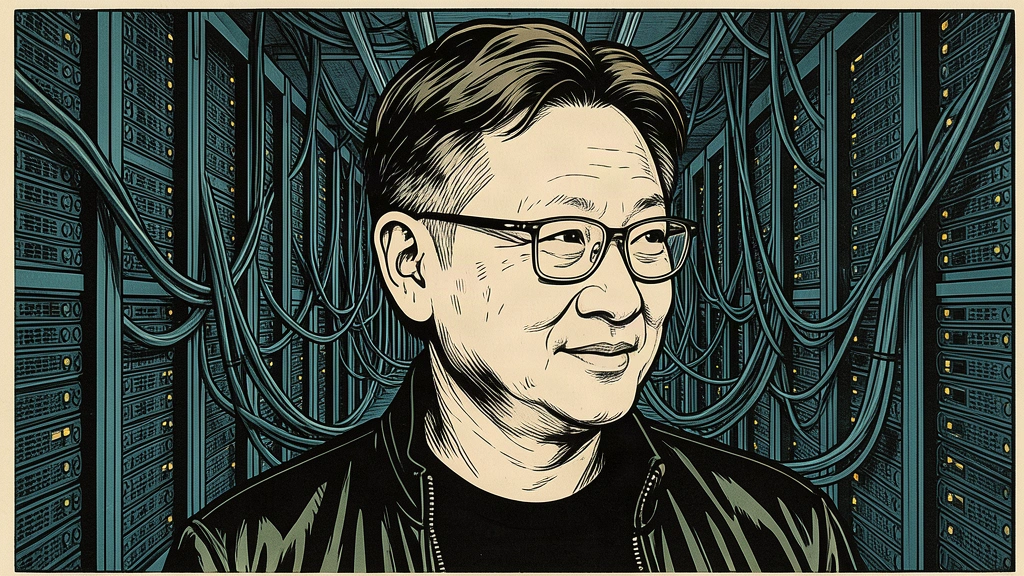 A stylized ink portrait of Jensen Huang set against a vast, receding grid of high-performance server racks connected by a dense network of cables. Identity photo references adapted into illustration: Photographer: Peter Dasilva (CC BY 4.0; https://creativecommons.org/licenses/by/4.0); source https://commons.wikimedia.org/wiki/File:Jensen_Huang_(cropped)_(2024).jpg