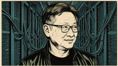 A stylized ink portrait of Jensen Huang set against a vast, receding grid of high-performance server racks connected by a dense network of cables. Identity photo references adapted into illustration: Photographer: Peter Dasilva (CC BY 4.0; https://creativecommons.org/licenses/by/4.0); source https://commons.wikimedia.org/wiki/File:Jensen_Huang_(cropped)_(2024).jpg