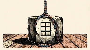 Microsoft business software dominance under UK scrutiny: a heavy stone block with a grid icon sits on a bowing floor under the tension of a thick rope.