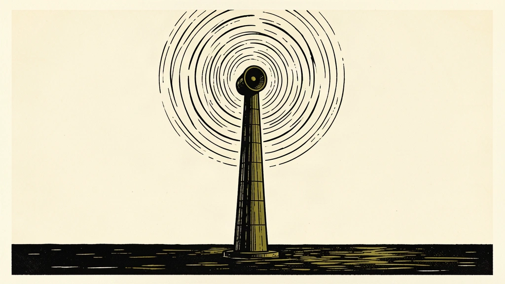 An editorial illustration of a civil defense siren tower with vibrating lines indicating an active alert against a wide, empty sky.