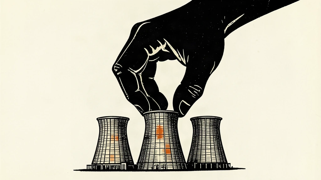 A large black silhouette of a hand looms over a group of nuclear cooling towers, suggesting the threat of destruction.