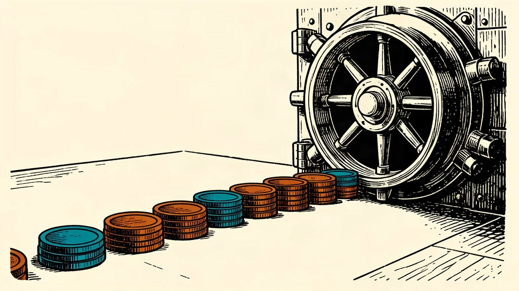 A row of thick coins rolls out from an open bank vault door across a clean floor.